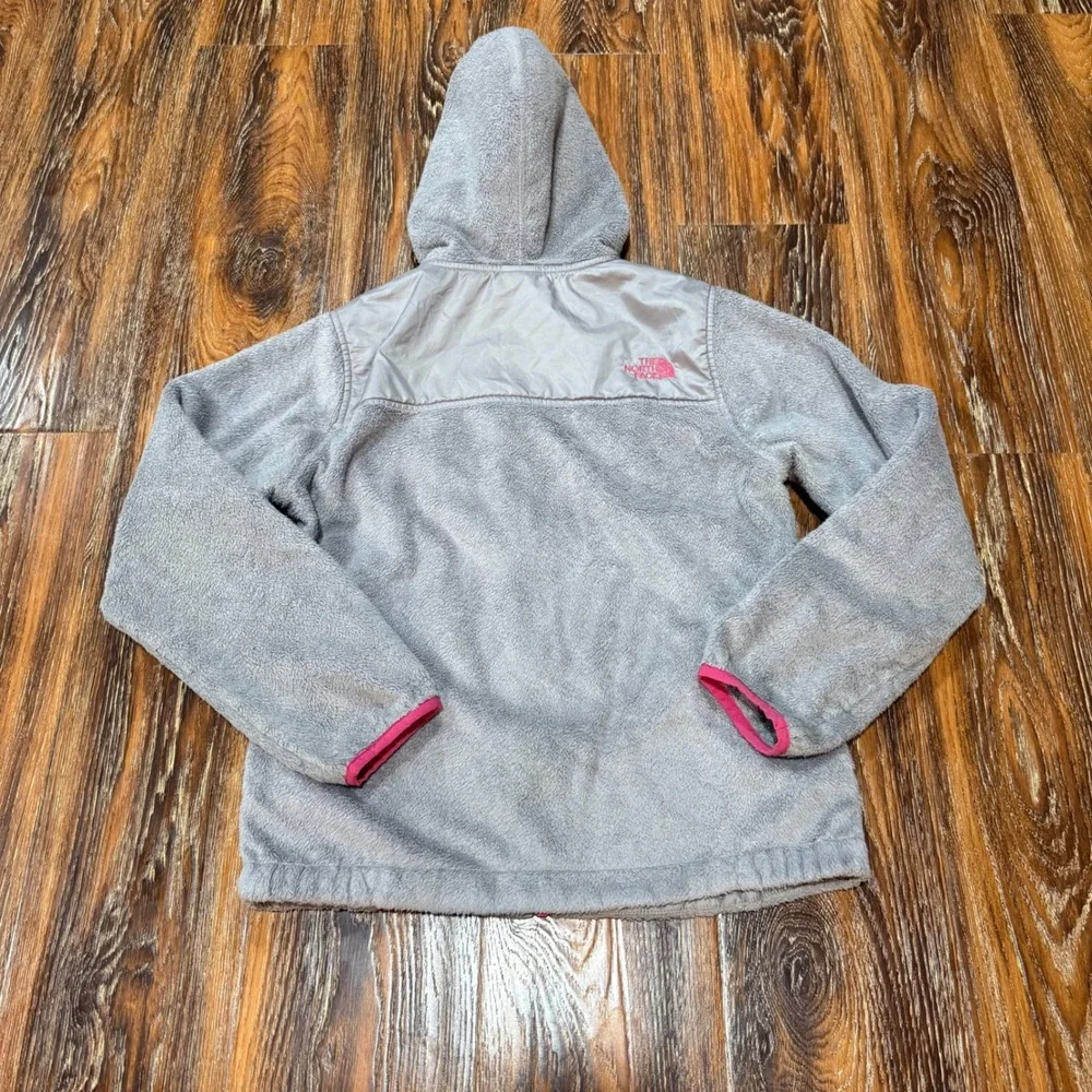 North Face Girls Size L 14/16 Grey Pink Hooded High Pile Fleece Jacket Full Zip